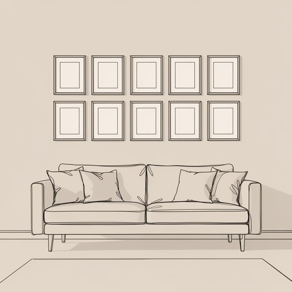 Illustration af klassisk gitter-layout med billedrammer over sofa
