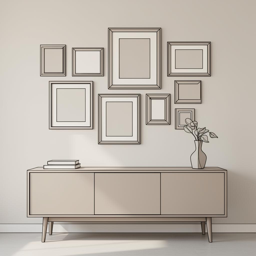 Illustration af salon-stil gallery wall med blandede rammer
