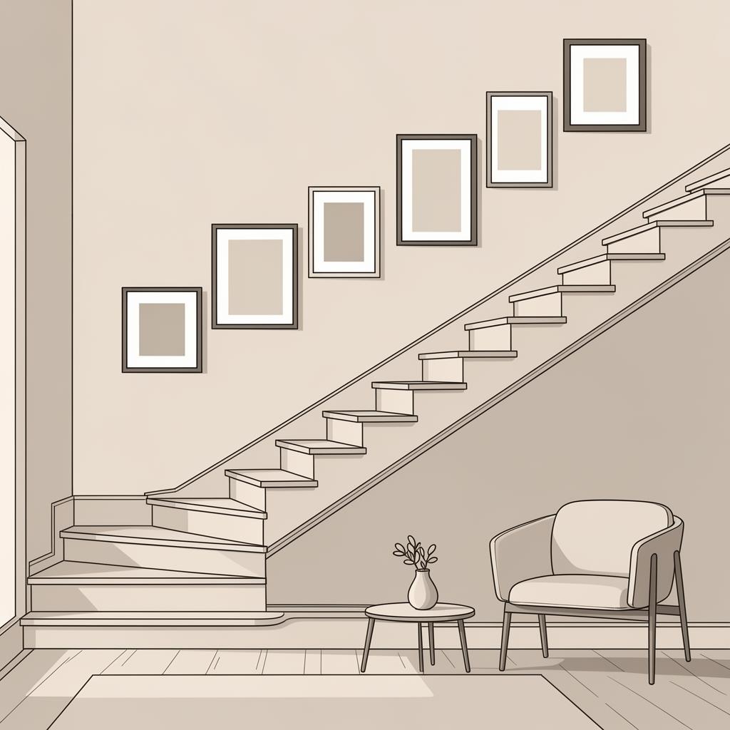 Illustration af fotovæg langs trappe med billeder i kronologisk orden